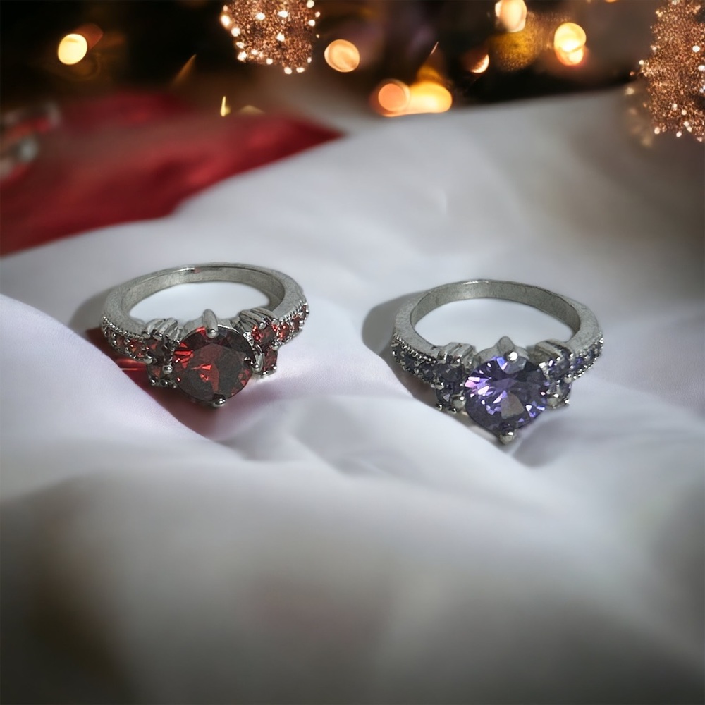 Silver Tone 2 Rings Womens Size 6 Cocktail Faux Garnet Amethyst CZ Purple Red